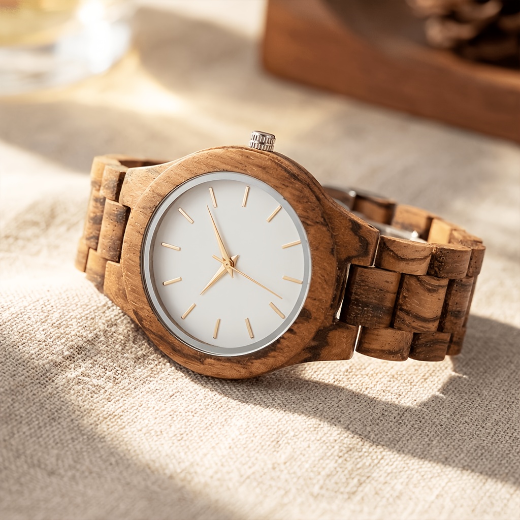 Image of Natural Wooden Watch For - Minimalist White With Wood, Quartz Movement Wristwatch Suitable For Casual & Casual Attire, Elegant Unisex For Men And Women, -free Operation