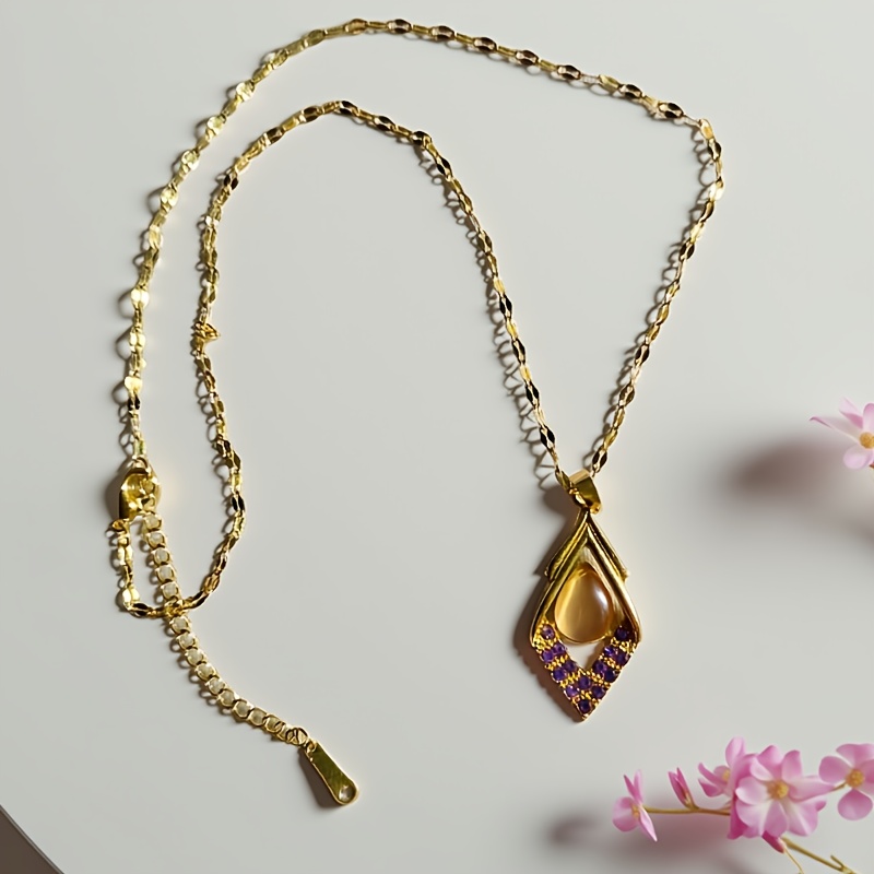TEMU Purple Rhinestone Necklace, 2025 New High-end Pendant, Niche Temperament Collarbone Chain