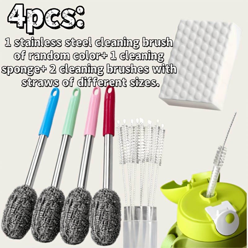 TEMU Ensemble de 4 pièces (1 brosse de nettoyage en acier inoxydable de couleur aléatoire et 1 éponge de nettoyage et 2 brosses de nettoyage de