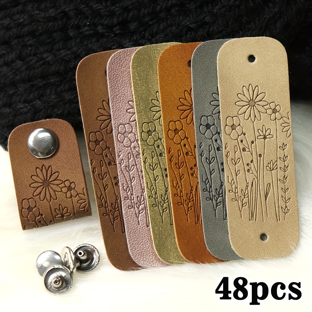 Image of Set Of 10 Synthetic Leather Floral Tags With Snap Buttons For Crafts, Patch And Labeling - Flower Pattern Embossed Keychain Pendant Shapes (mixed Color Set Of 48)