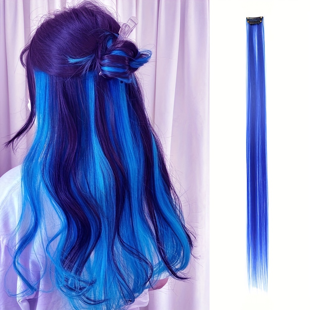 9PCS 21 Colored Clip in Hair Extensions Blue Hair Extensions for Women  Girls Clip in Blue Hair Clips Hair Extensions for Girls Party Highlights  Blue hair Accessories (Blue) 