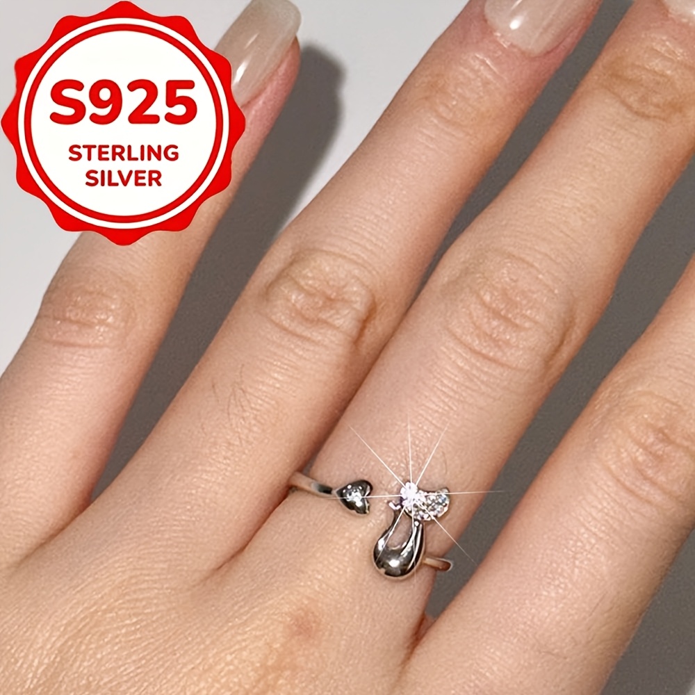 Women's S925 Silver Cute Cat Ring with Zirconia, Gift