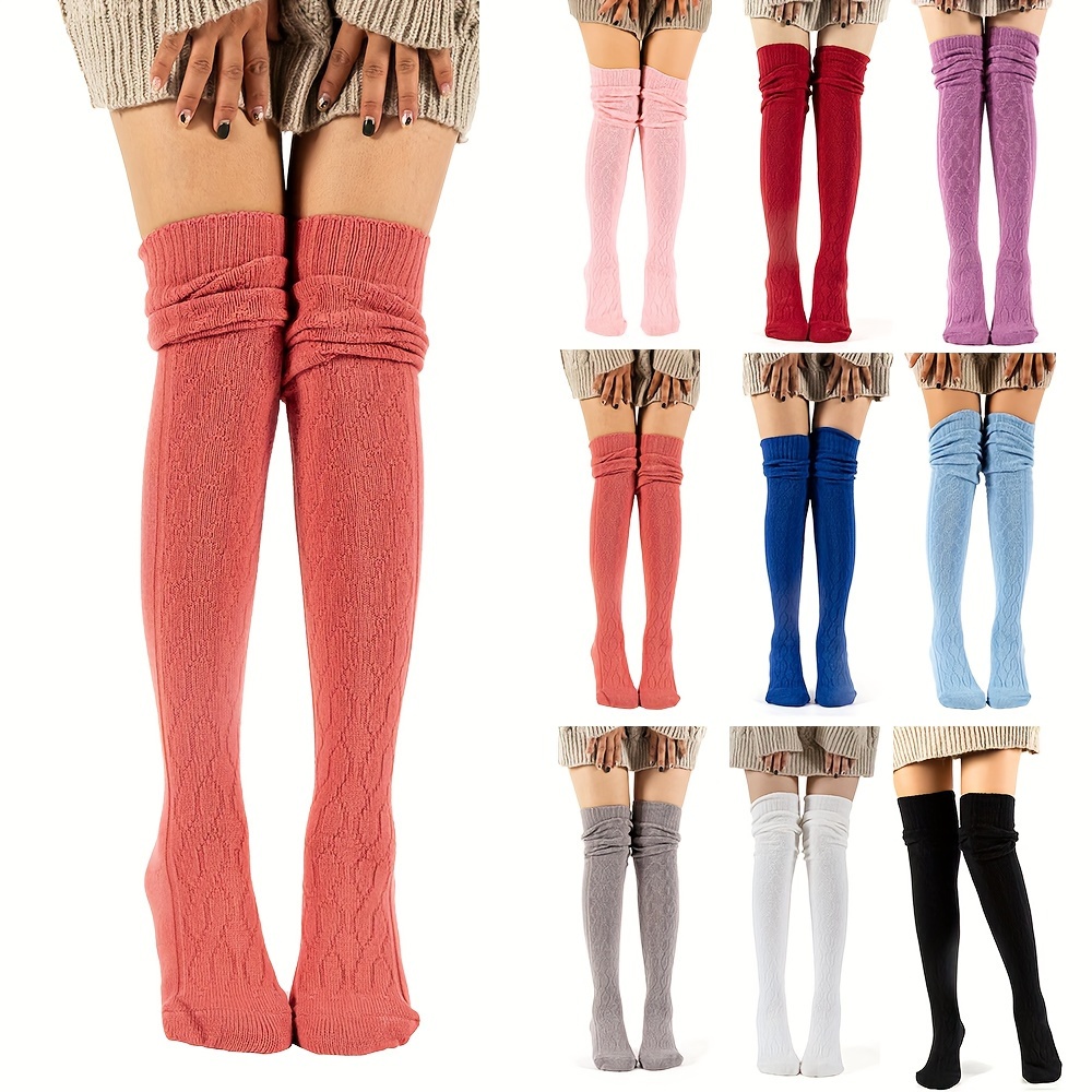 

1 Pair Eciexi Cozy Thigh-high Knit Socks For Women - Warm & Soft Acrylic , Solid Color Over-the-knee Stockings With Cable Texture, Fall & Winter , Cute Socks