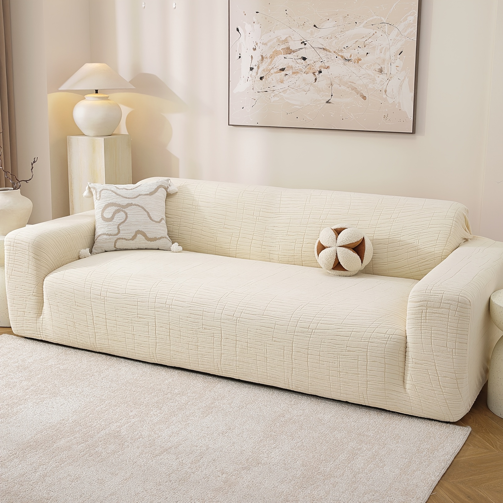 TEMU Geometric Jacquard Stretch Sofa Cover, Universal Full Wrap Couch Protector, Modern Solid -scratch Resistant Removable Washable Slipcover For