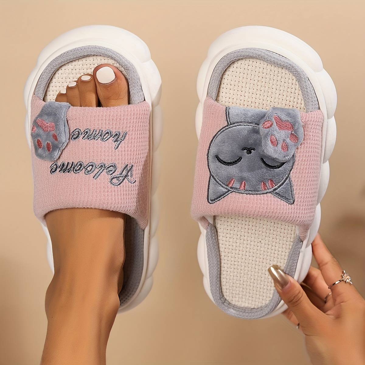Image of Women's Kitten Slippers With Kitten Face & Paws - Non-slip Sole, Indoor/outdoor - Soft Breathable Slip- For, Cute Clothing Footwear For, Women Shoes