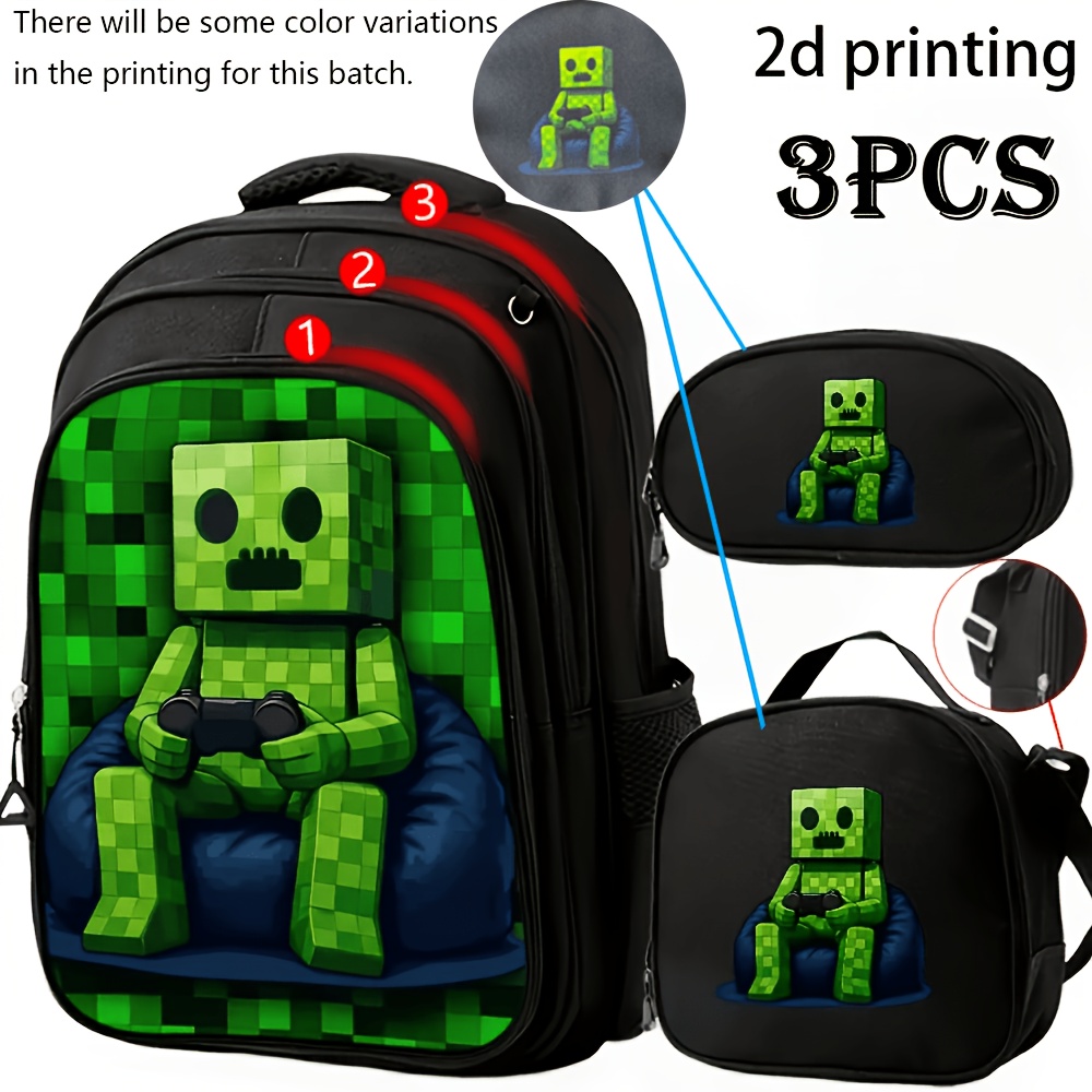 TEMU Paquete de 1/3 piezas de mochila, temática de personaje de píxeles verdes, bolsa de viaje de gran capacidad multicapa de 3 capas con bandolera y