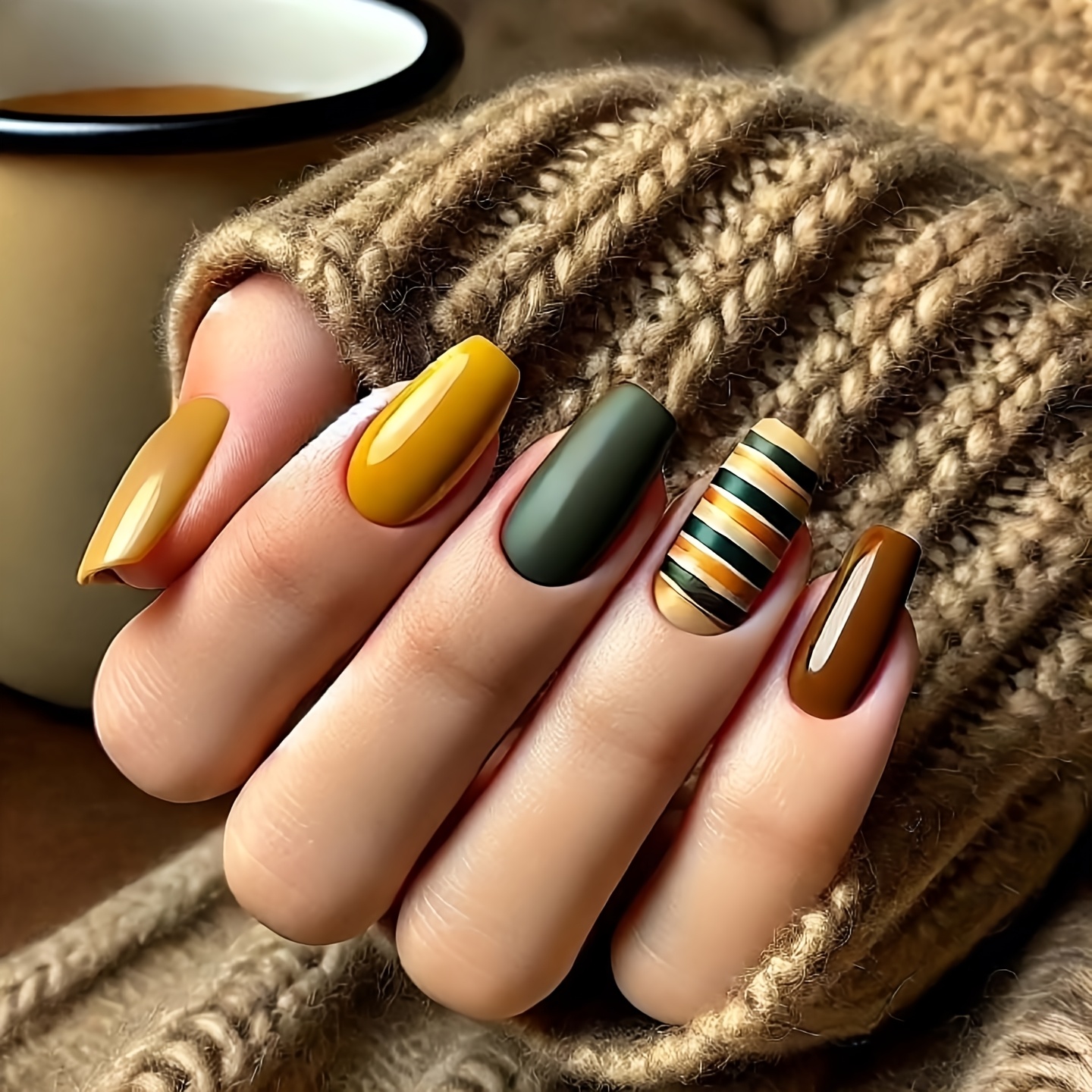 

24pcs Medium Ballet Coffin Press-on Nails - Glossy Striped & Solid (yellow, Green, Brown) - Elegant Removable False Nails For Casual Attire Or Special Occasions,