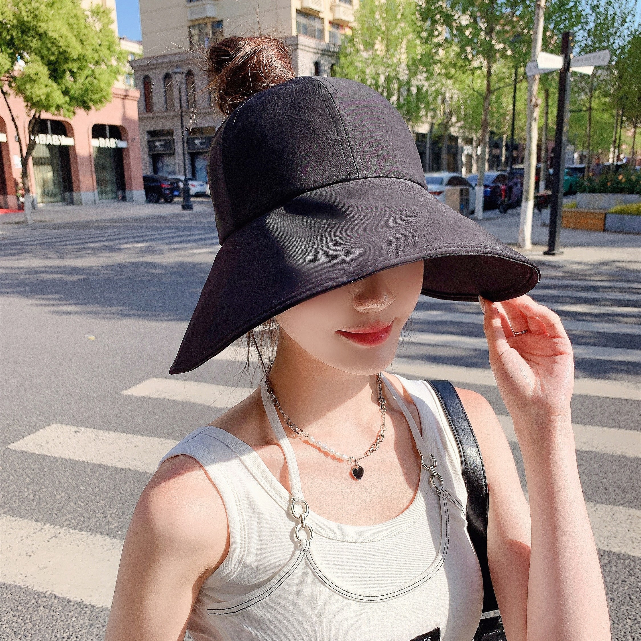 Wide Brim Bucket Hat Ponytail Hole Solid Color Summer Sun - Temu