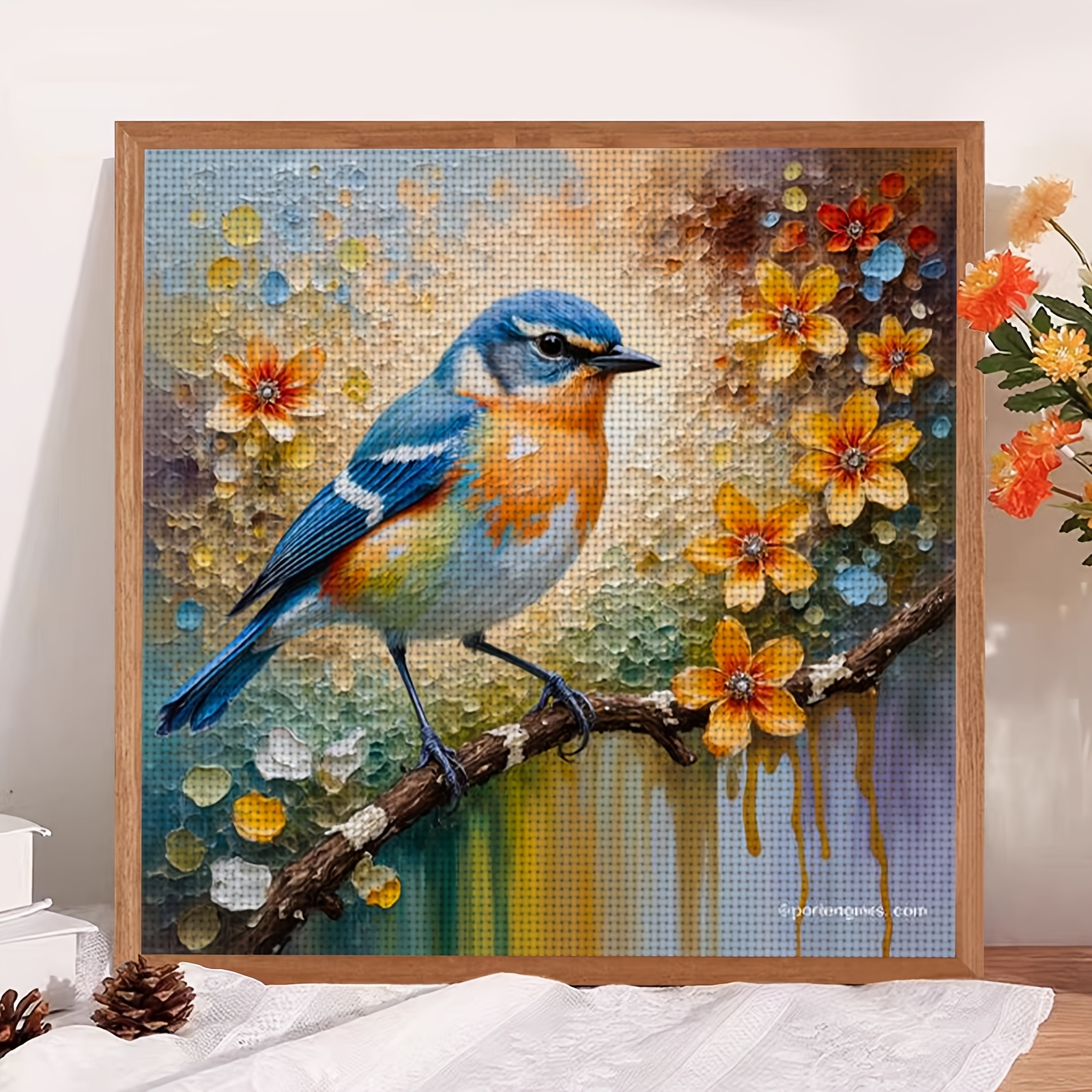 Cross Stitch Kit, Colorful Bird on Branch with Flowers Design