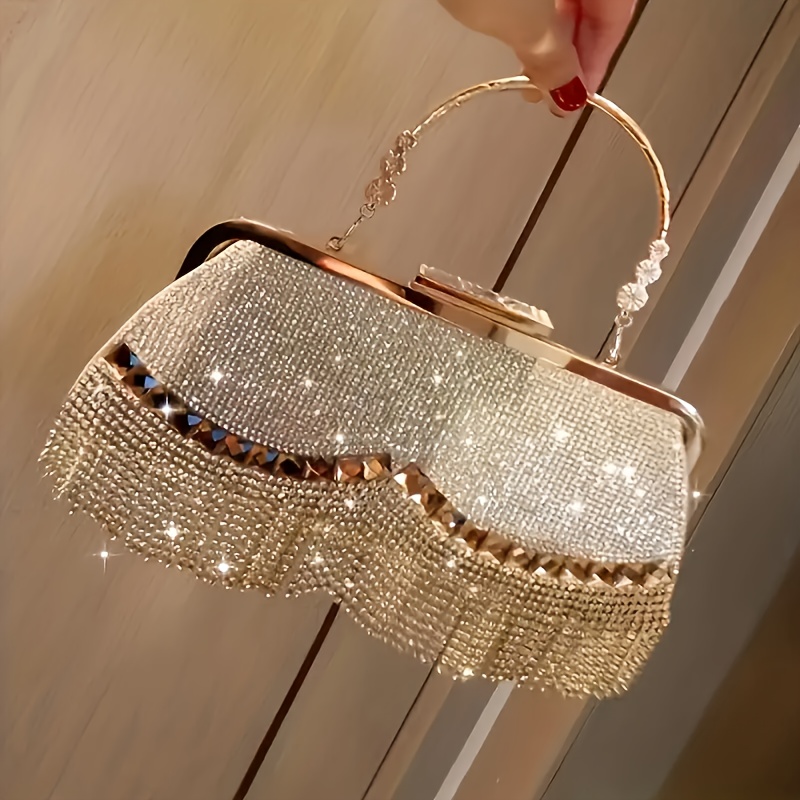 

All Over Glitter Rhinestone Decorative Handbag, Tassel Decorative Shoulder Bag, Women's Elegant Evening Bag, Suitable For Carnival Parties And Music Festivals