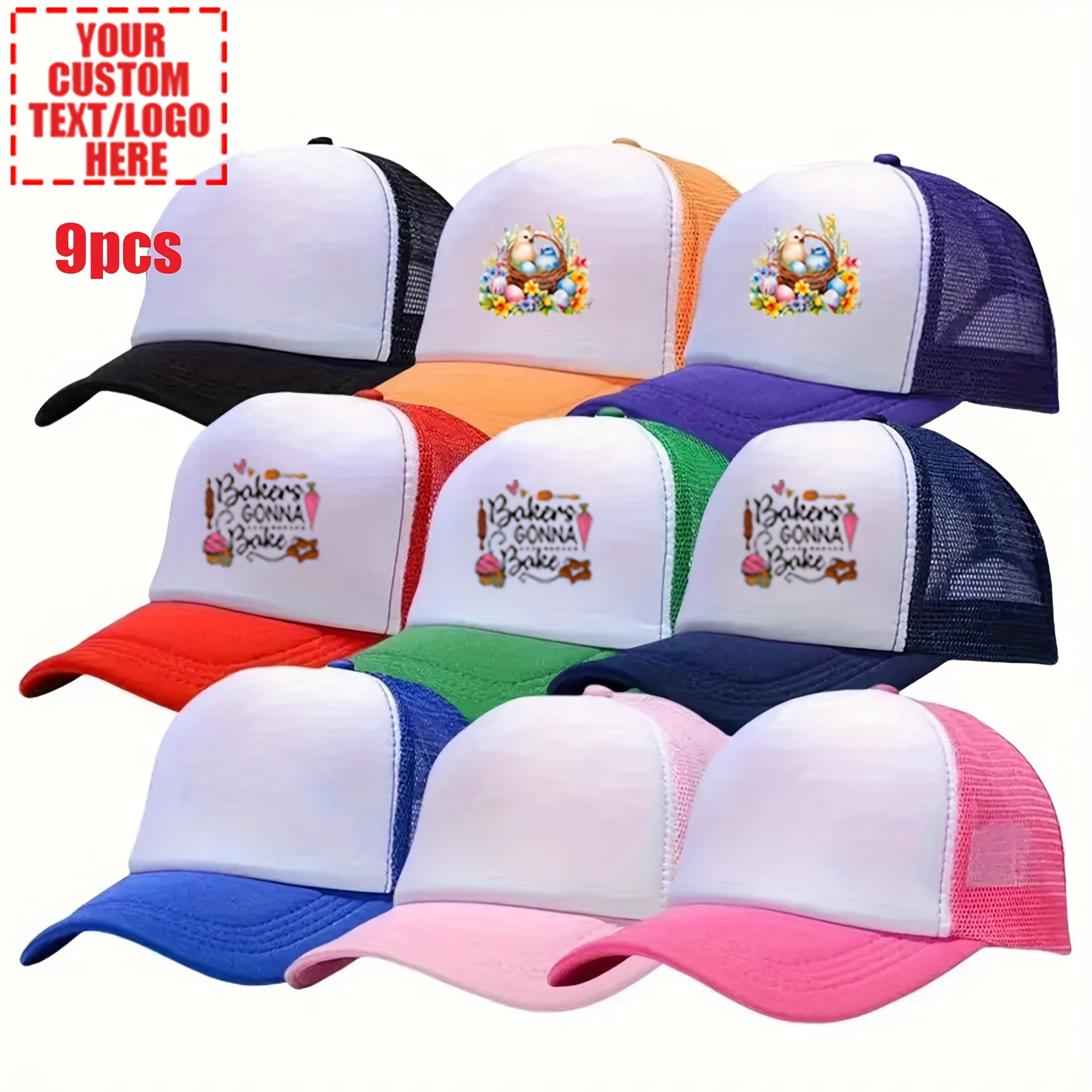 9 Customizable Unisex Breathable Mesh Baseball Caps, Adjustable