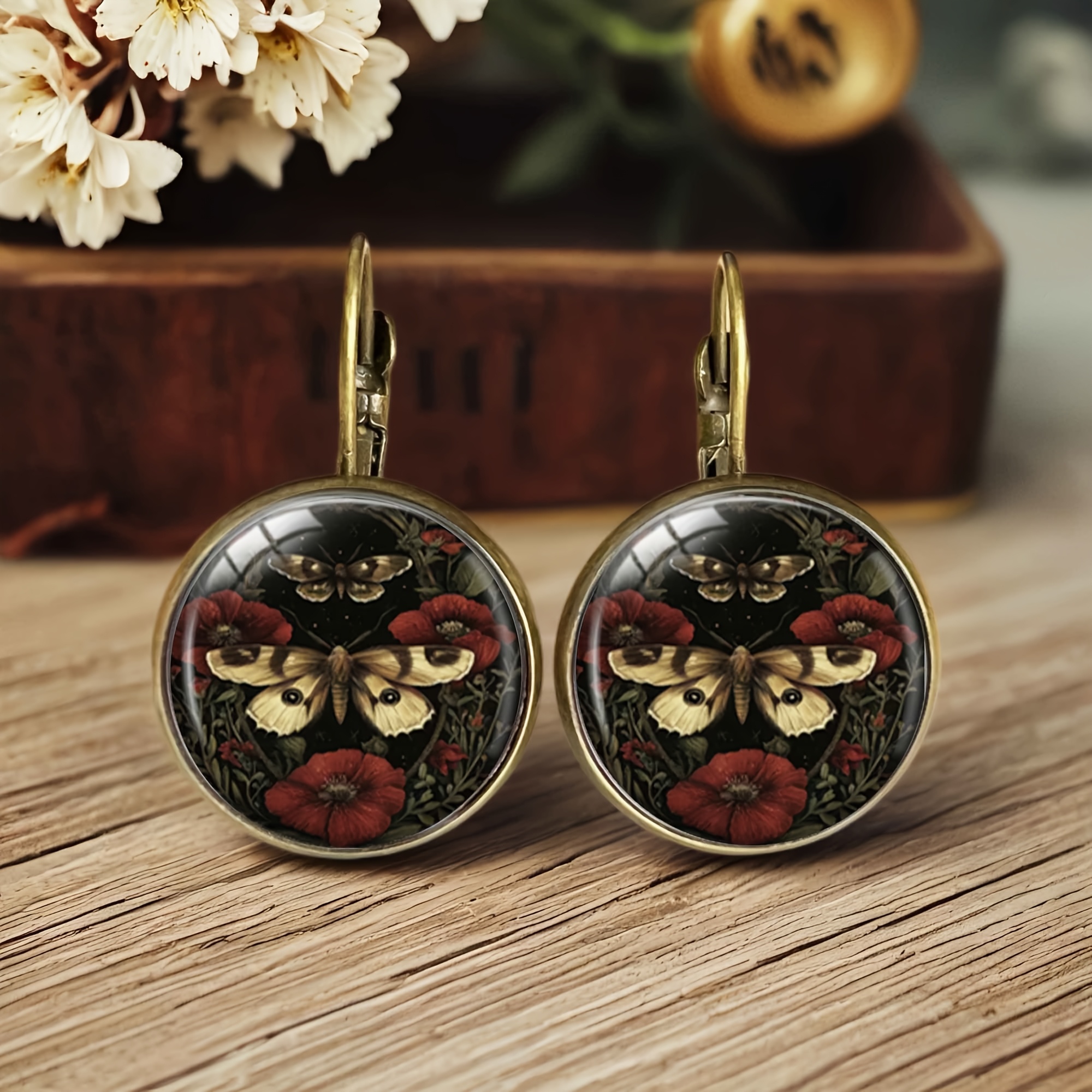 Gothic Moth Red Chrysanthemum Earrings - Floral Insect Retro Design Jewelry, Without Battery