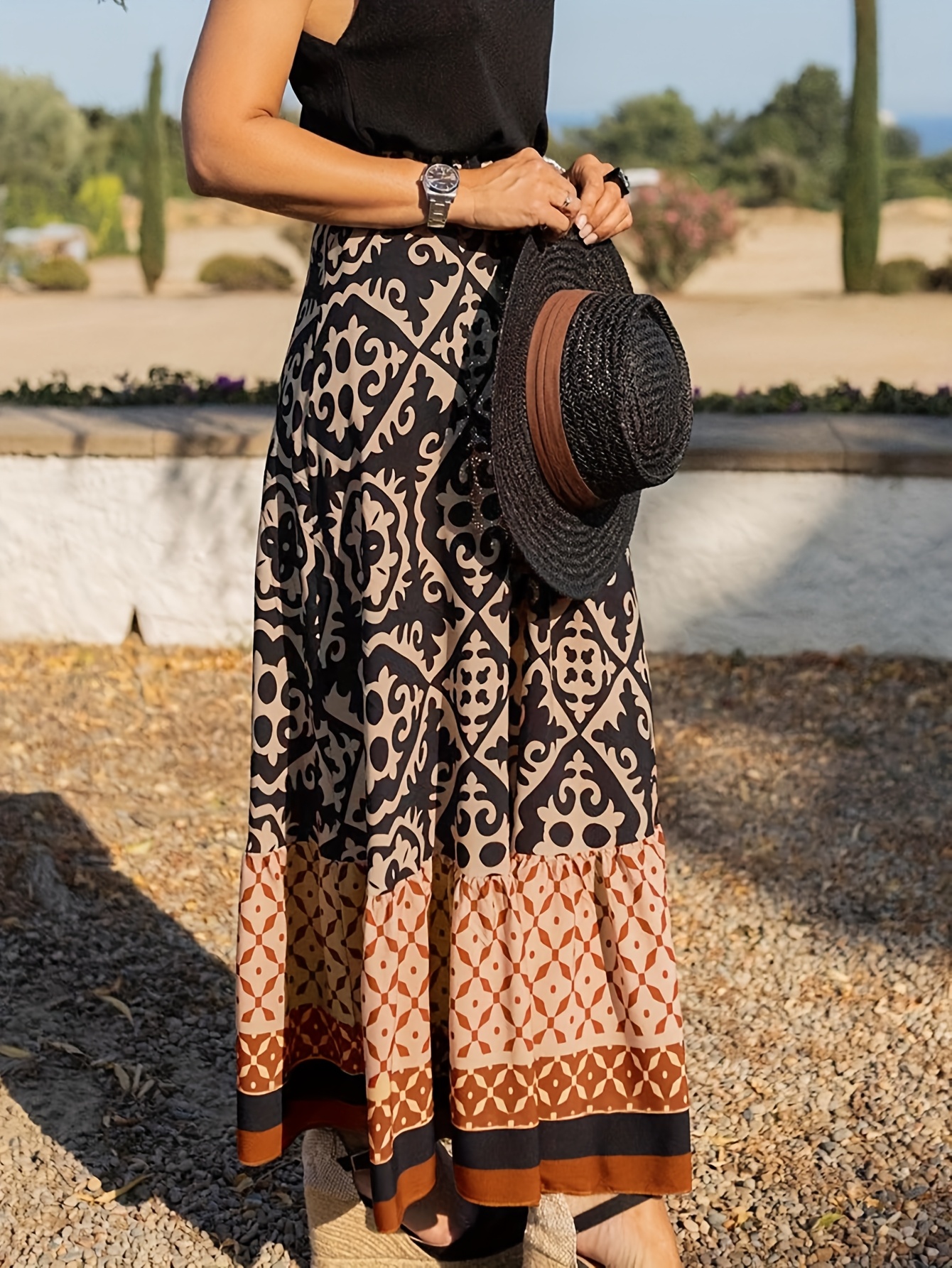 boho chic black beige maxi skirt intricate geometric print Temu