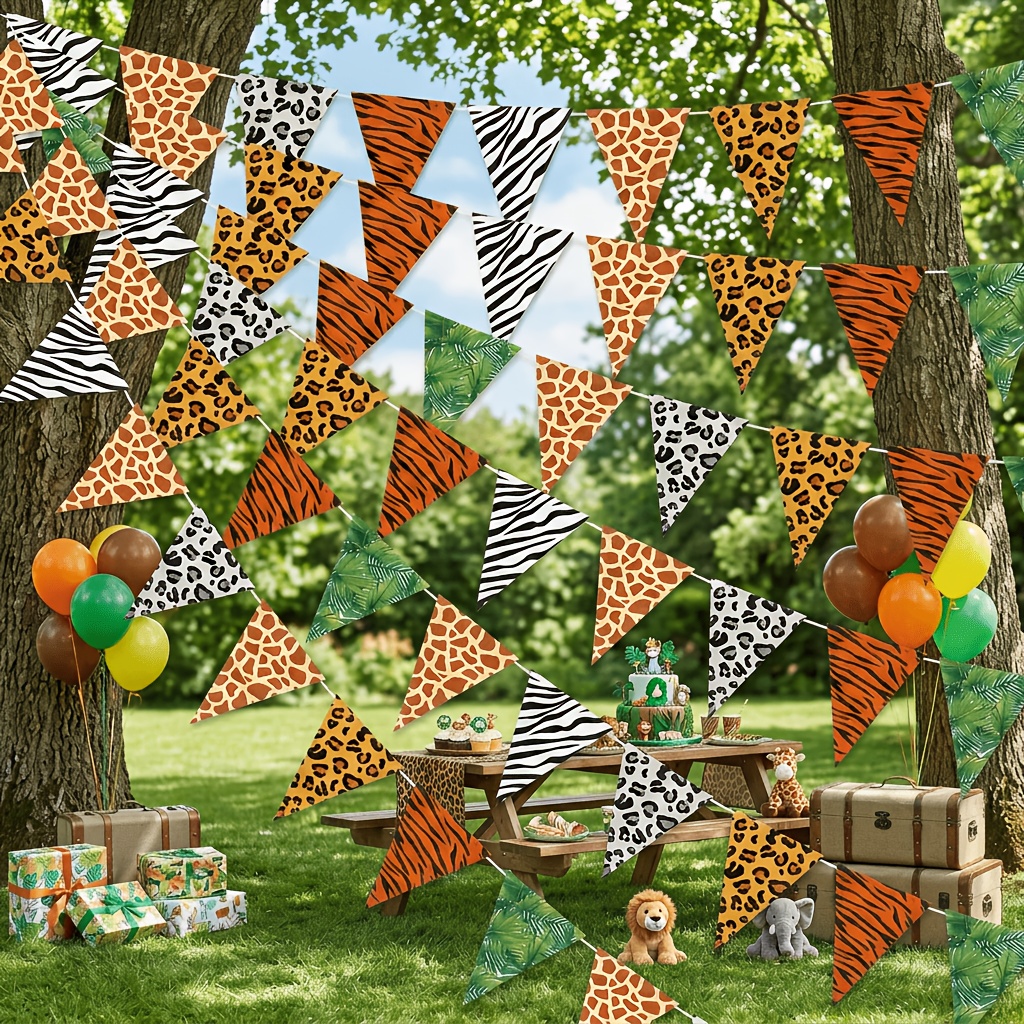 TEMU 12pcs/24pcs/48pcs Jungle Animal Paper Print Triangle Flag Banner, Zebra Tiger Leopard Palm Leaf Paper Print Pennant Garland, Suitable For