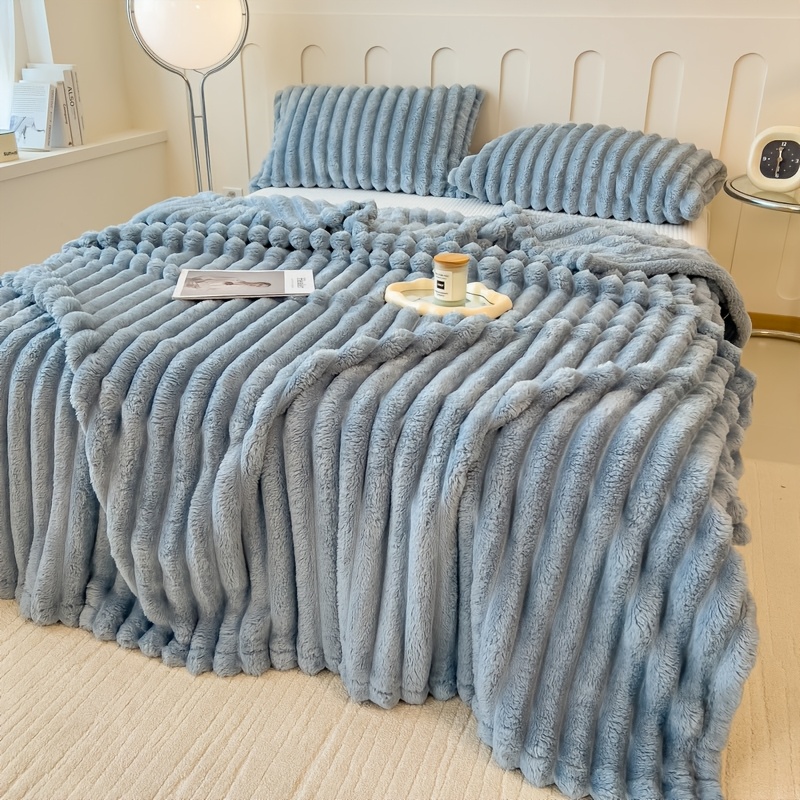 ultra soft   rabbit fur throw blanket cozy thick striped plush for     couch bed and hotel   christmas present details 9