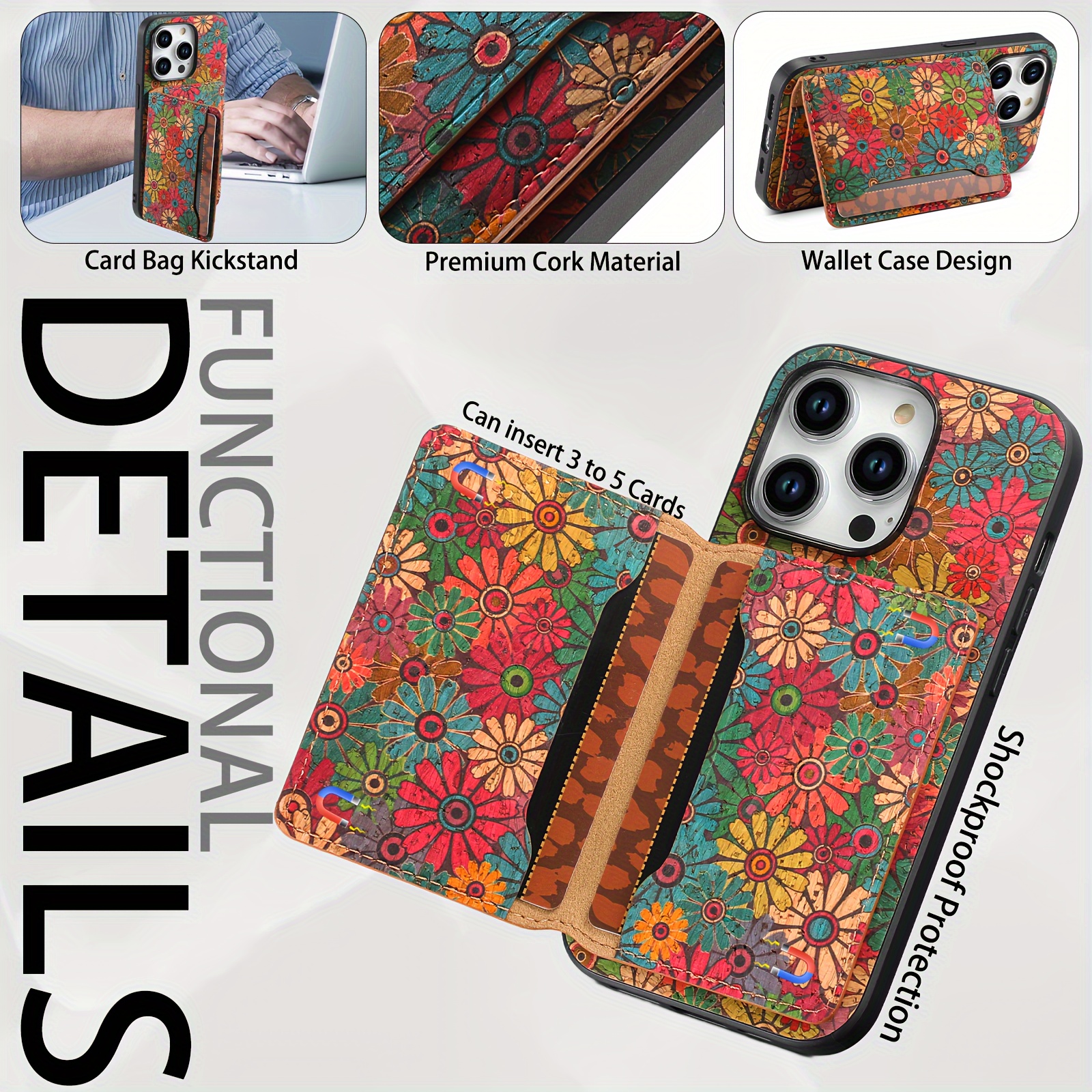 DENIOR Wooden Phonecase for iPhone 15/ 14/ 13/ 12 Series Case, with Glue Kickstand And Card Holder 3 Card Slots Can Insert 3-5 Cards Shockproof Protection, Turquoise And Red Flowers, Cork Wooden