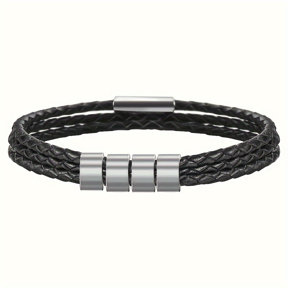 TEMU 1pc Of Men's Black Rope Bracelet, Custom Engraved With Family Name And Date, Featuring A 304 304 Stainless Steel Magnetic Clasp And Personalized