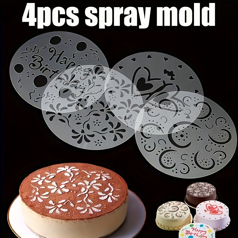 

4pcs Cake Template Cake Decoration Mold, Plastic Template Spray Cake Mold, Side Baking Mesh Template, For Cookies, Sugar Cubes, Desserts, Baking Tools, Kitchen Accessories