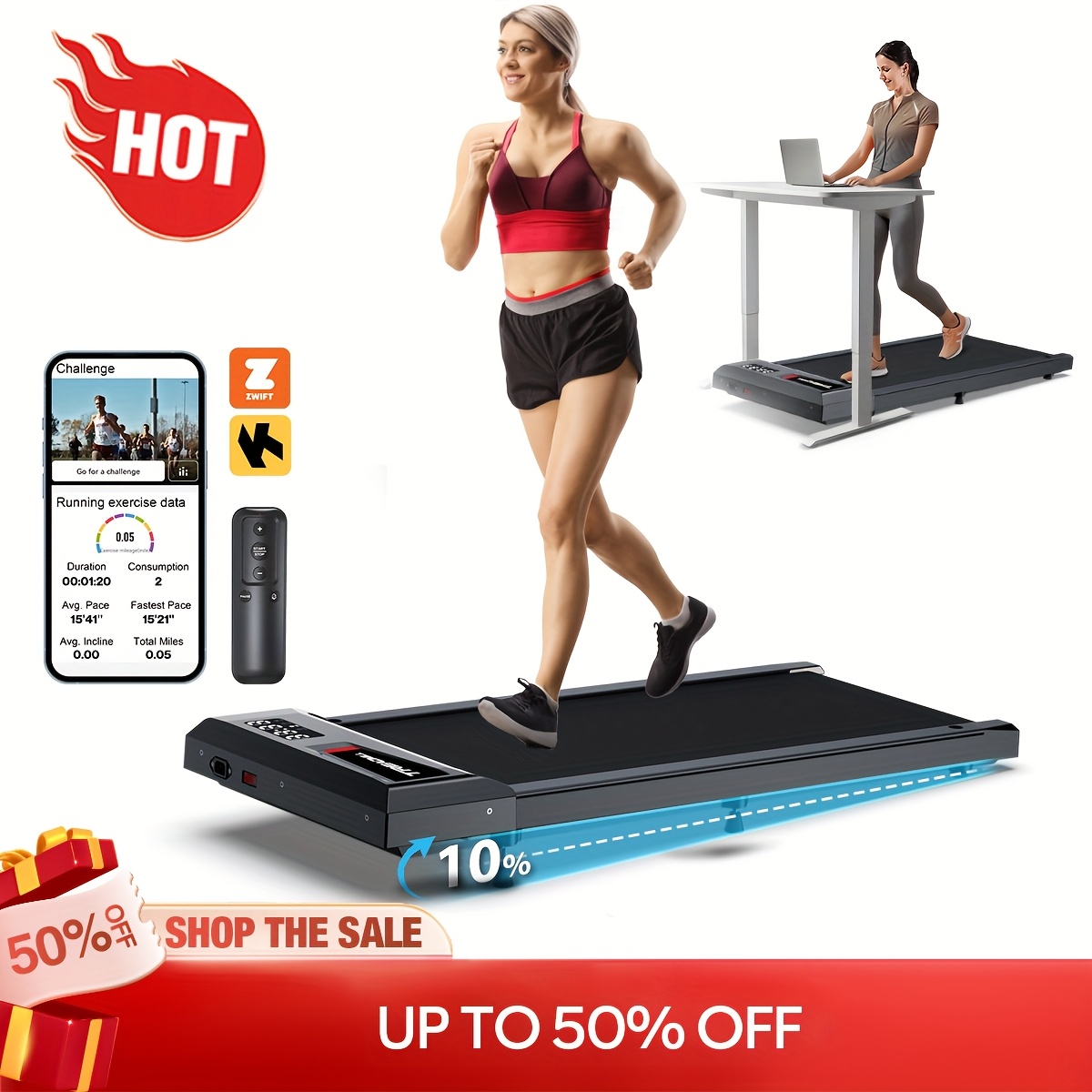 10% Incline Walking Pad - 120KG Capacity Under Desk Treadmills, Lightweight Smart Treadmill With Widen Belt, Portable Treadmills Work With KINOMAP For Home Office, The Best Gift, Without Battery