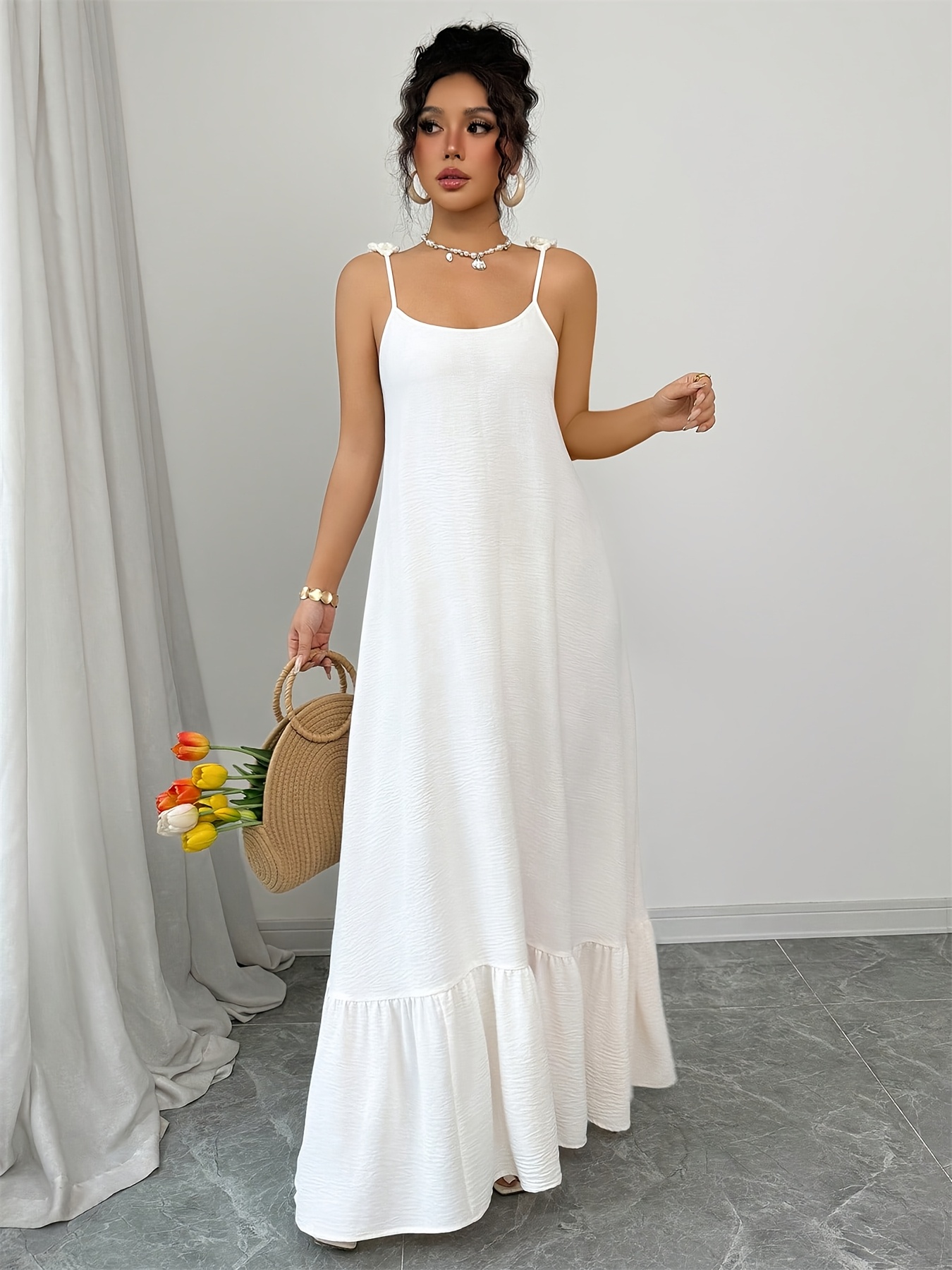 womens flowy white hem maxi dress adjustable Temu Mauritius