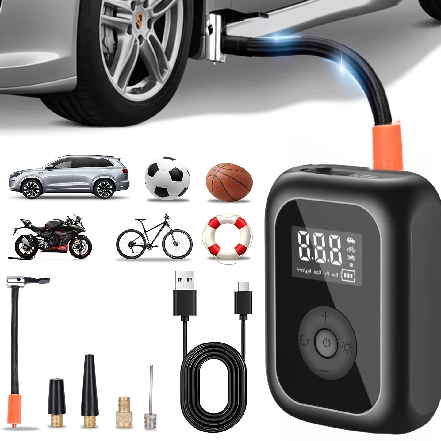 TEMU Auto Luftpumpe, geeignet zum Aufpumpen von Autos, Motorrädern, Fahrrädern, Bällen und anderen Geräten. Ausgestattet mit einer Digitalanzeige und