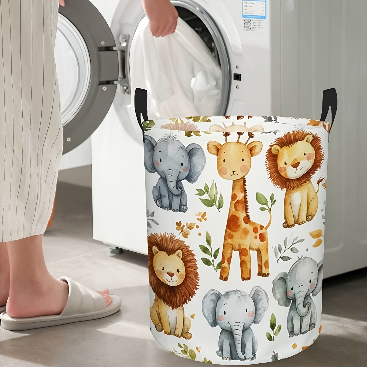 TEMU 1pc Cute Animals Printed Laundry Basket With Handle - Foldable, Wear-resistant, Easy To Clean, Ideal For Bedroom, Bathroom, Dormitory, , Car -