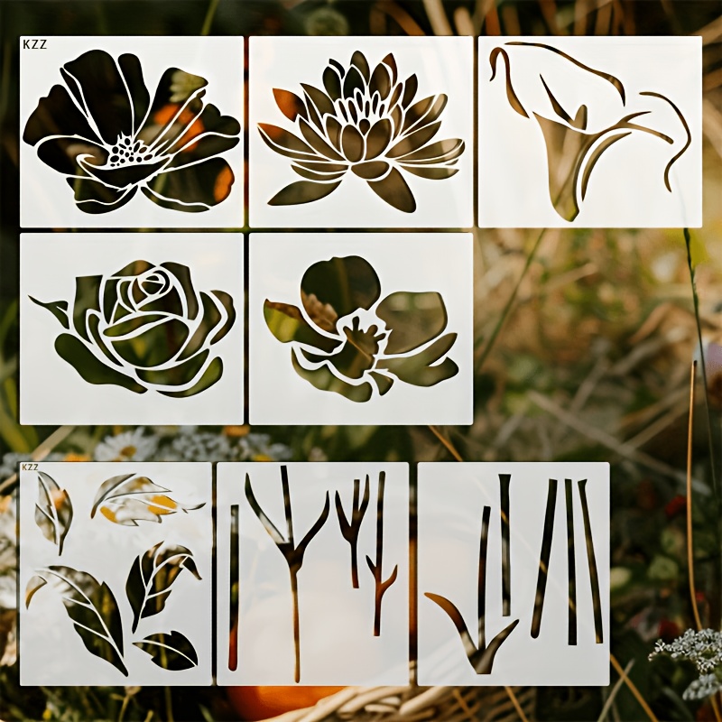 Image of Kzz 9pcs Large Stencil Set, Reusable Plant Stencils For Diy Home Decor, Craft Painting On Walls, Fences, And Furniture, Creamy White Polyethylene Terephthalate Floral Templates