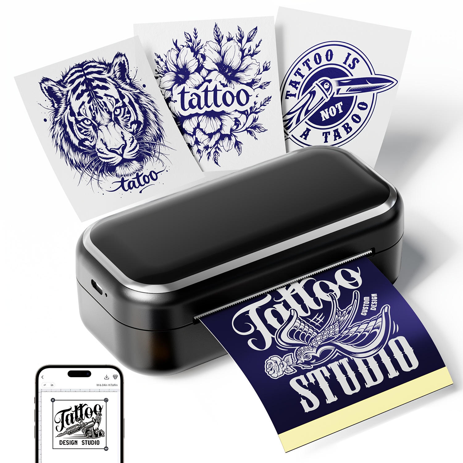   3-Inch Thermal Tattoo Stencil Printer - Portable Wireless Tattoo Machine with 30 Supplies, Quick Printing, USB Rechargeable, Compatible with Smartphone/Tablet, Ideal for Small  ,   Supplies, Professional Tattoo Equipment, Sleek Device Design, Durable Plastic Body