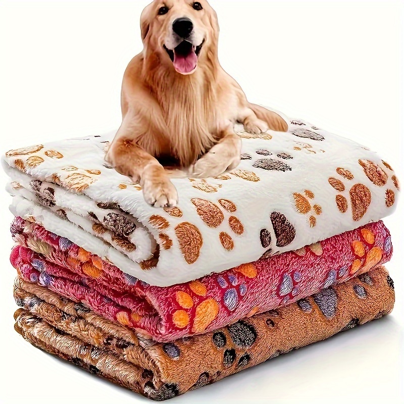 

3 Pcs Coral Fleece Pet Blankets For - Soft Polyester Fiber, Machine Washable, Stain Resistant With Paw - For Small To Large Breeds