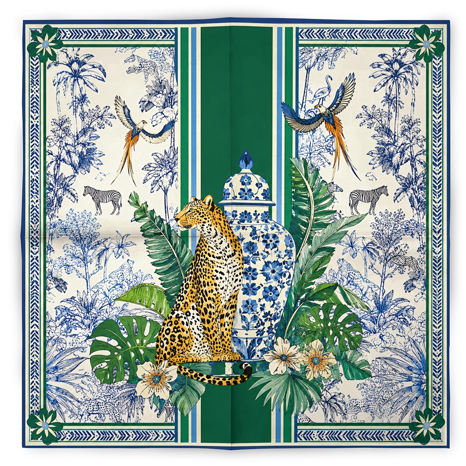 TEMU 1pc 2d Printed Jungle Leopard And Porcelain Square Scarf, Retro Fashion Hip-hop Trendy Headscarf, Fashion Scarf And Neck Warmer, Outdoor Sports