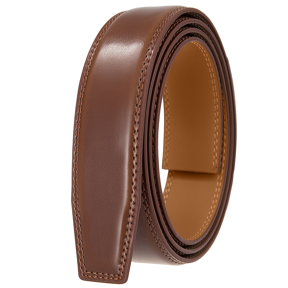 TEMU Black And Brown Double-layered Double-threaded Men' Single Belt Without Head. Easy Buckleless Automatic Faux Leather Belt. Thick And Durable,