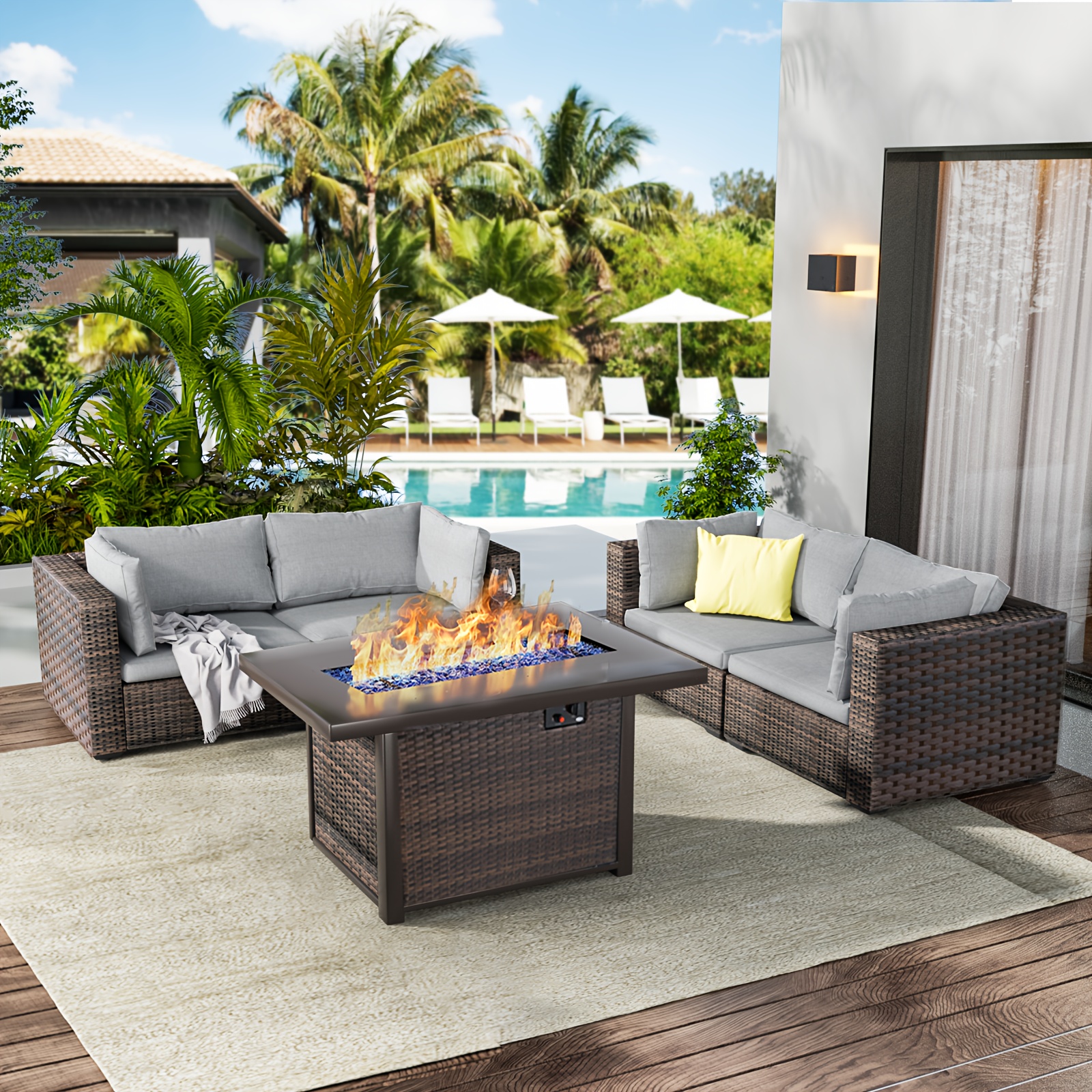 

5 Pieces Outdoor Sectional Patio Furniture Set With Fire Pit Table Pe Rattan Wicker Patio Sectional Conversation Set And Cushions