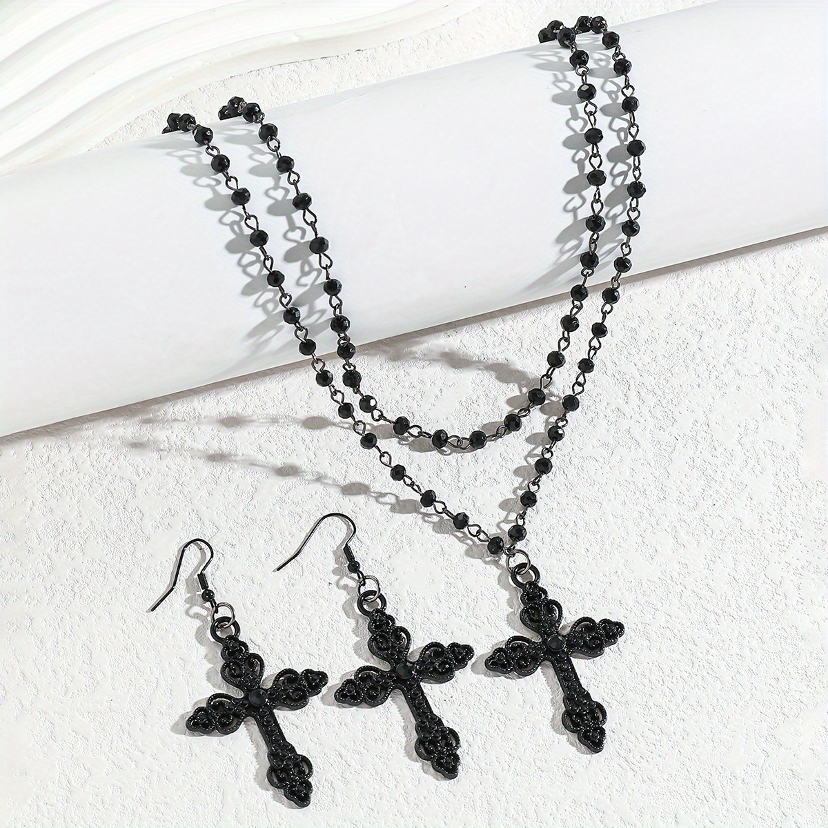 Women's Vintage Gothic Black Cross Pendant Multi-Layer Necklace and Earrings Set