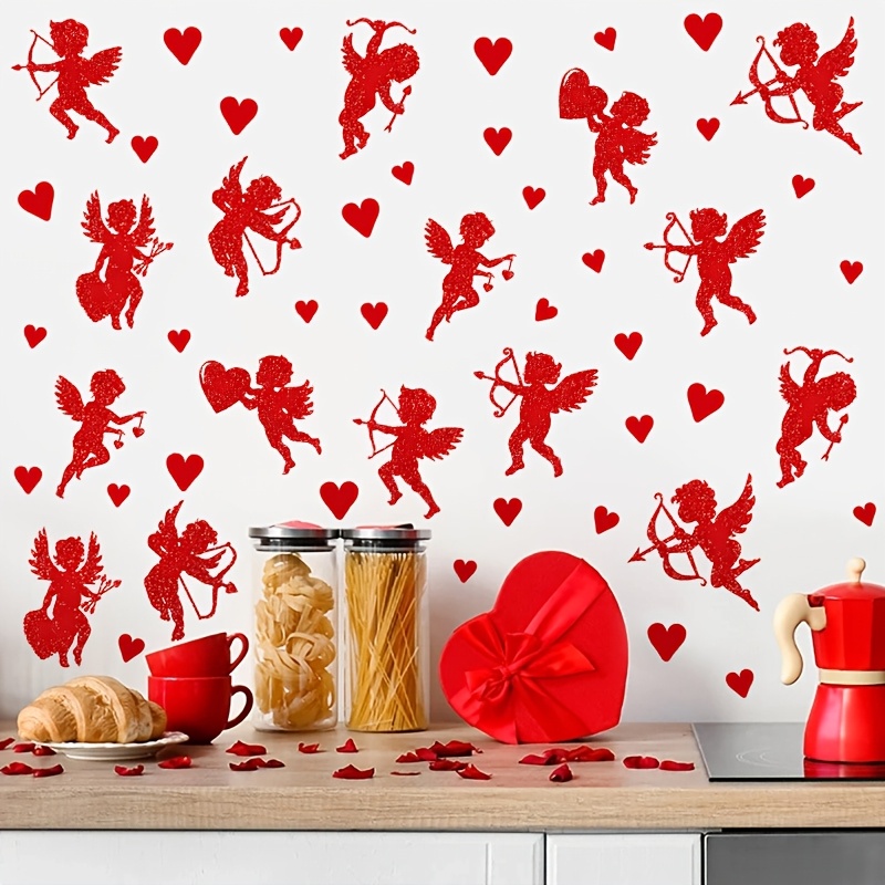 

50pcs Vintage Style Valentine's Day Wall Decals, Removable Pvc Self-adhesive Stickers With & Cupid Motif, Romantic Irregular Shaped Glossy For Decoration