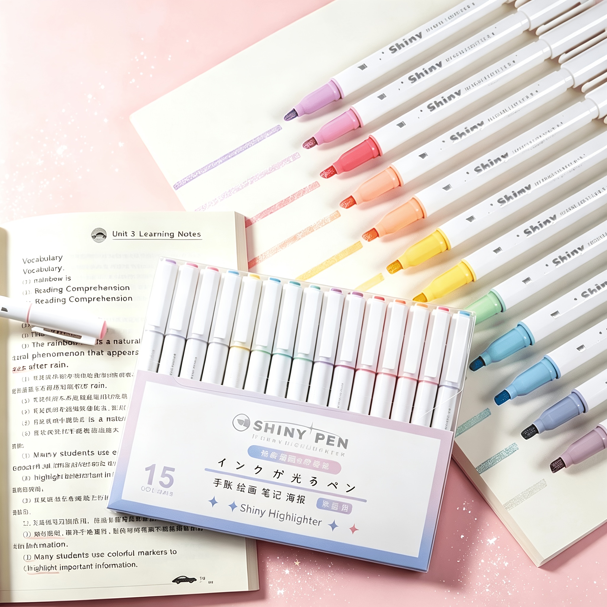 TEMU 15 Colors Pastel Glitter Highlighter Set, Chisel Tip 1-5mm, Marker Pens, Suitable For Journals, Office, Students & Professionals. Card Making,