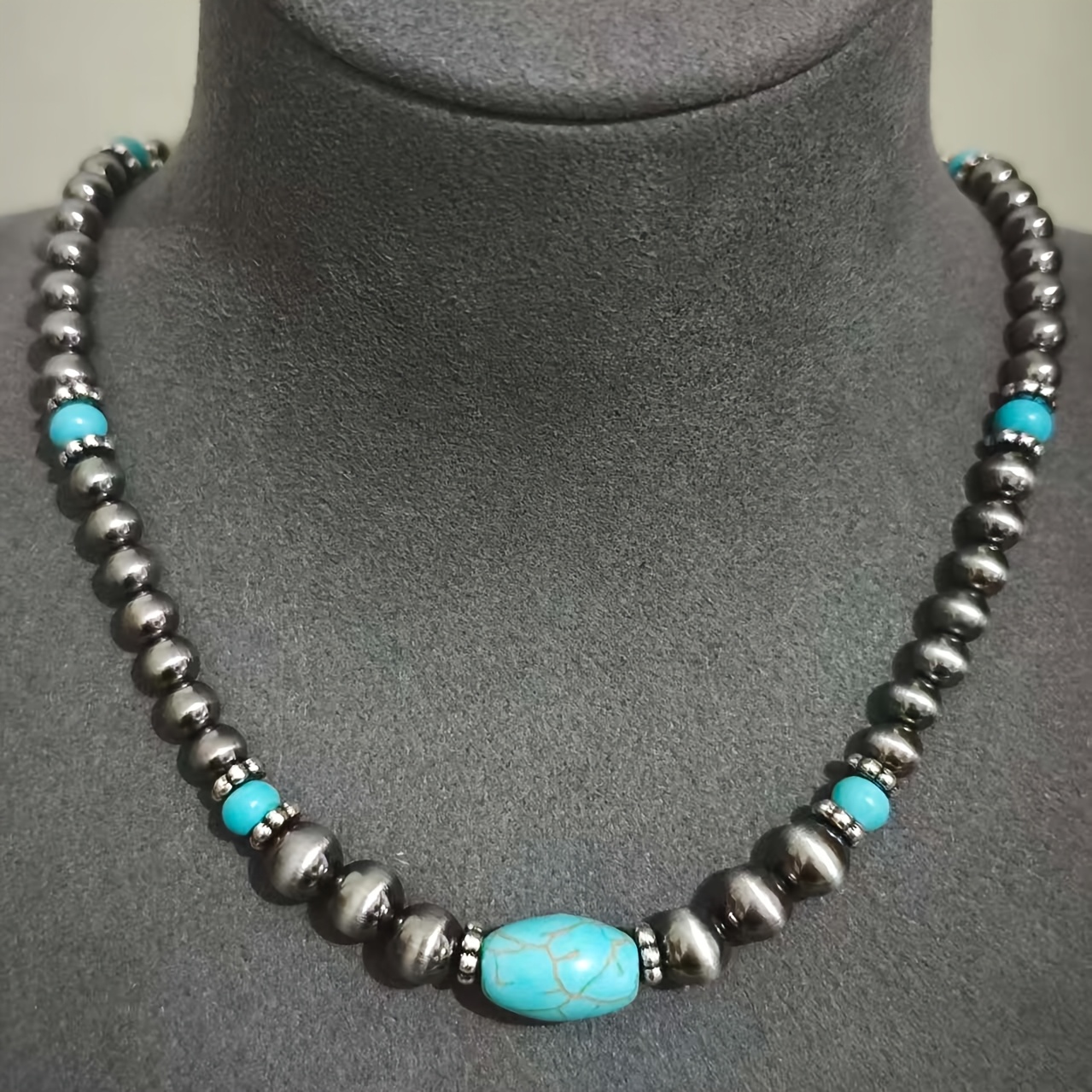 TEMU 1 Collier Turquoise Style Ethnique Vintage, Bijou de Western Country avec Perles Argentées Antiques