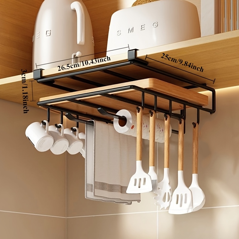 TEMU Estante de cocina de 1 pieza para colgar debajo del mueble con ganchos y soporte para rollos, práctico soporte de pared para tablas de cortar,