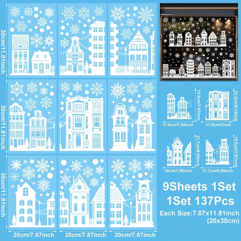 Sheets Of 137pcs,christmas Window Stickers,20*30cm,snowflake Buildings Design Window Decor,winter Theme Party Stickers,merry Christmas Decoration, ,xmas Gift,happy New Year Window Clings