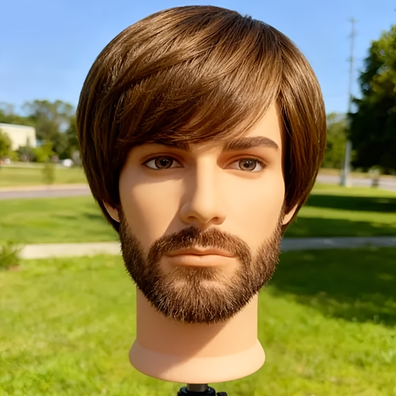 TEMU Men's Natural Looking Short Wig With Bangs - Layered Straight Synthetic Hair, Dark Root Contrast, For - 8 Inch Chin Length For Daily Wear &