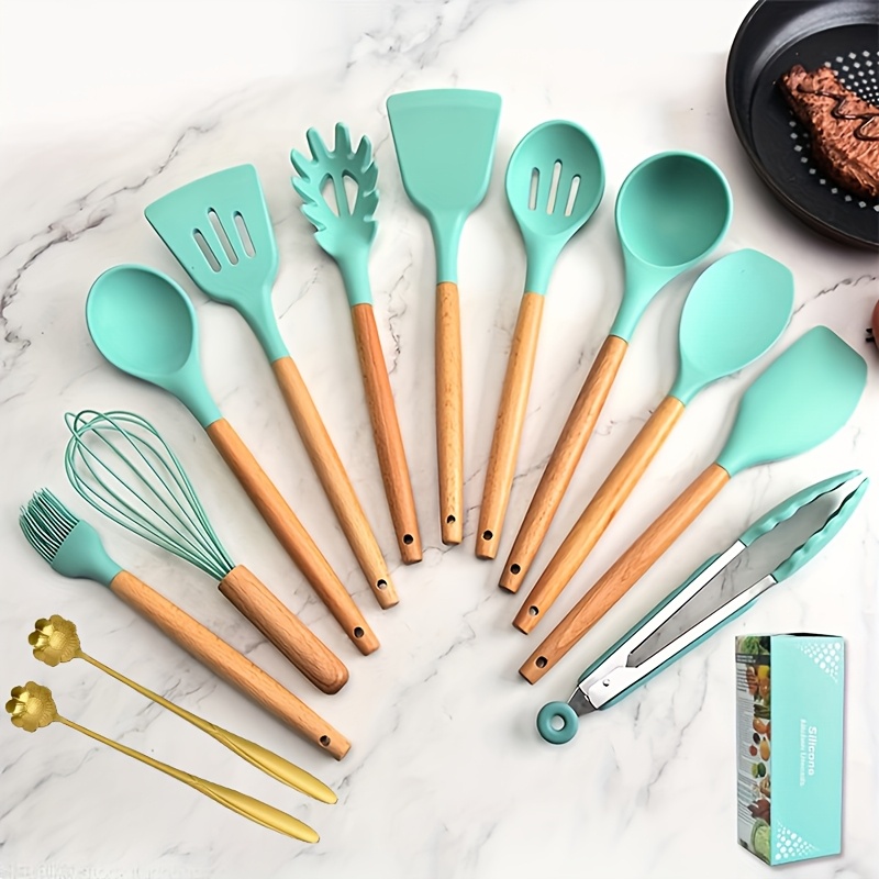 TEMU Ensemble de 13 ustensiles de cuisine en silicone, incluant une cuillère en métal et un seau de rangement - Ustensiles de cuisine en silicone