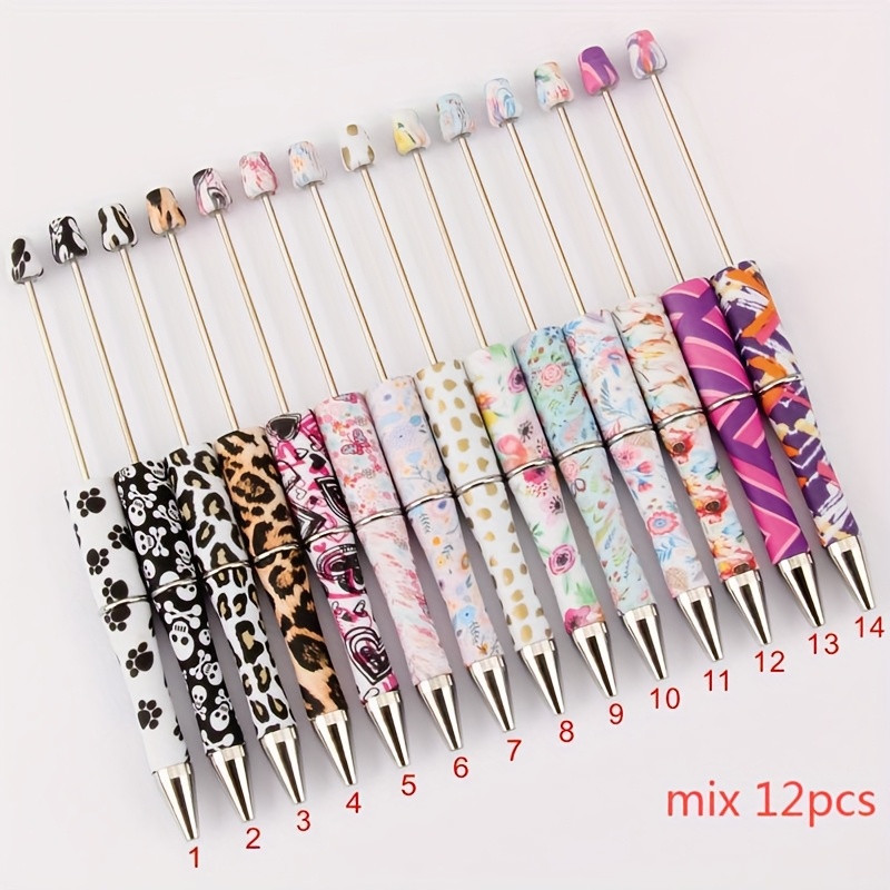 Image of Mixed /8/10/12pcs Printed Beaded Pens, Black Plastic Bead Pens, Black Ink With Shaft Twistable Ballpoint Pens, For Making Gifts Office School Teachers School