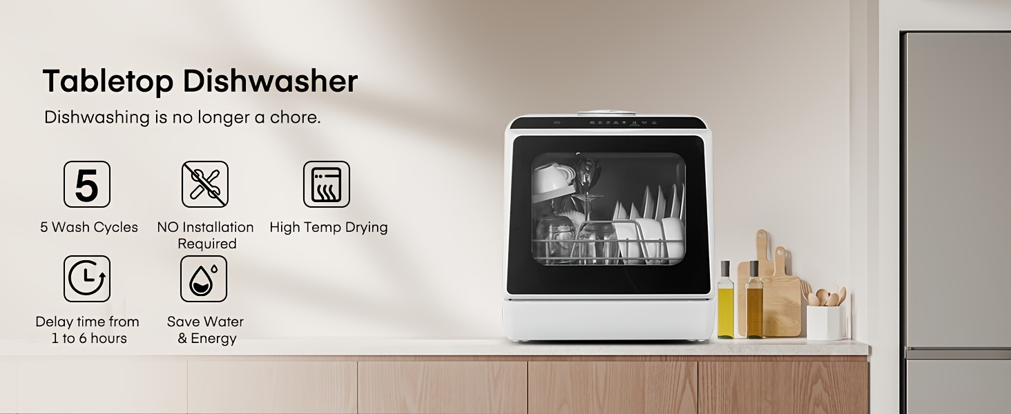 Countertop Dishwasher, No Hookup Needed, 6 Programs, Dual Spray, High-Temp & Air-Dry & Timeing Function, Portable Dishwasher Countertop with 1.32gal Built-in Water Tank, Mini Dishwasher for Home, Apartments, RVs