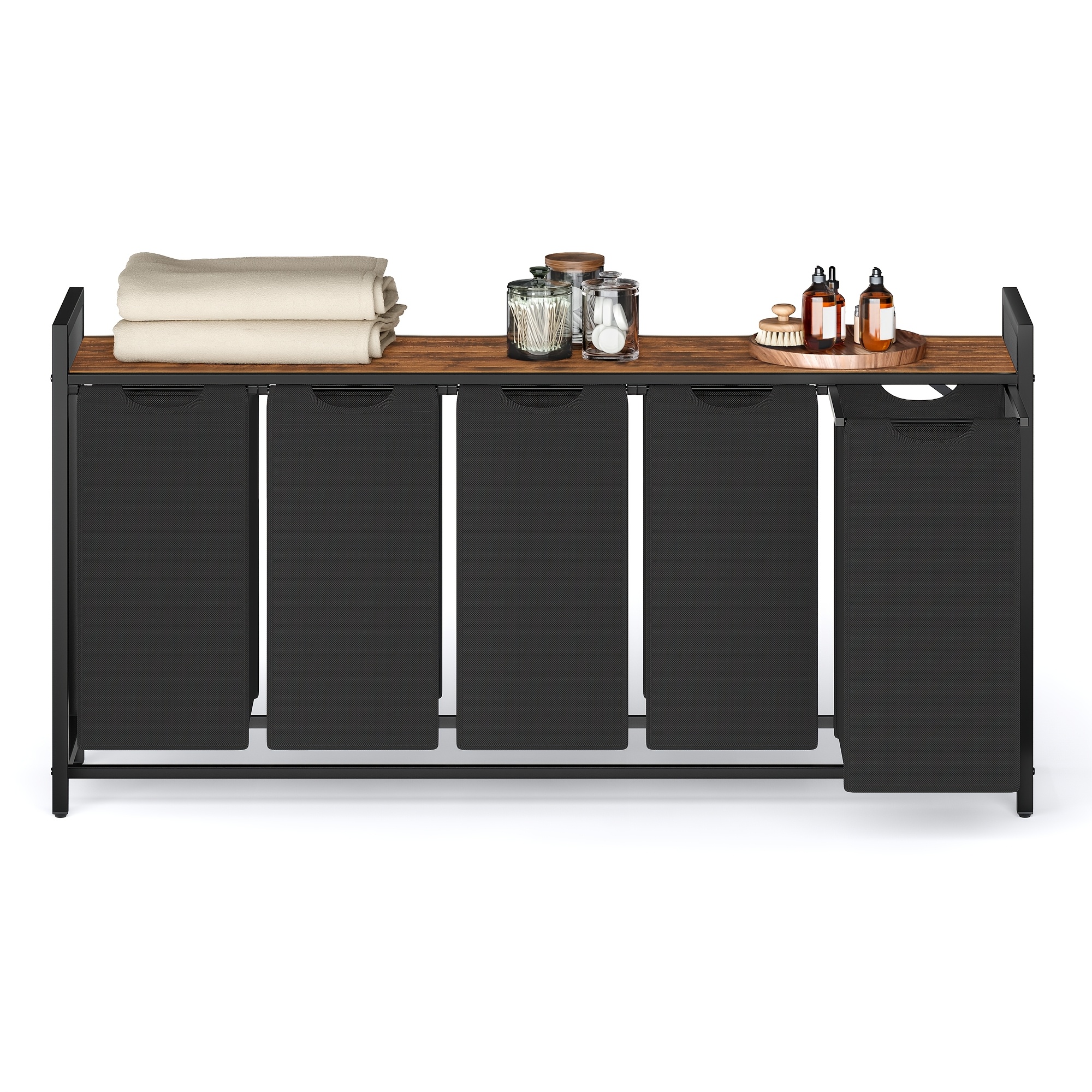 E-shop 5-Fach Wäschewaschsortierer mit Ablage, herausnehmbarer Beutel, Metallrahmen, 5 X 40 L, Schwarz-Braun, Wäschekörbe
