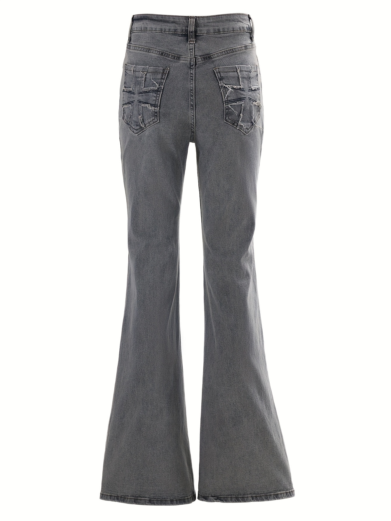 Dark Blue V Cut Flare Jeans Layered Water Ripped Embossed - Temu