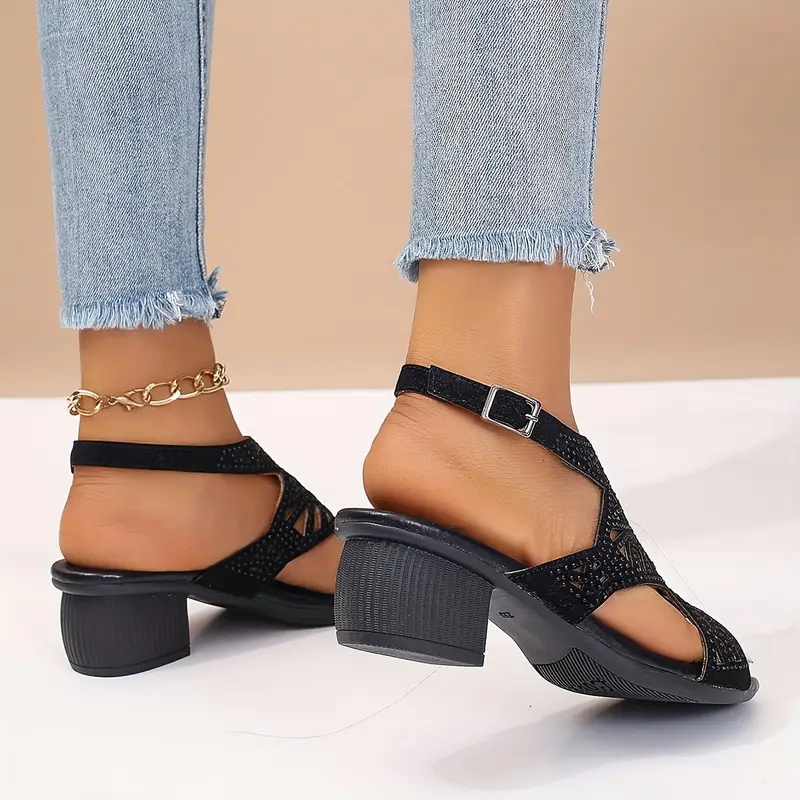 womens solid color elegant sandals decor hollow ankle strap shoes summer chunky heel shoes details 3