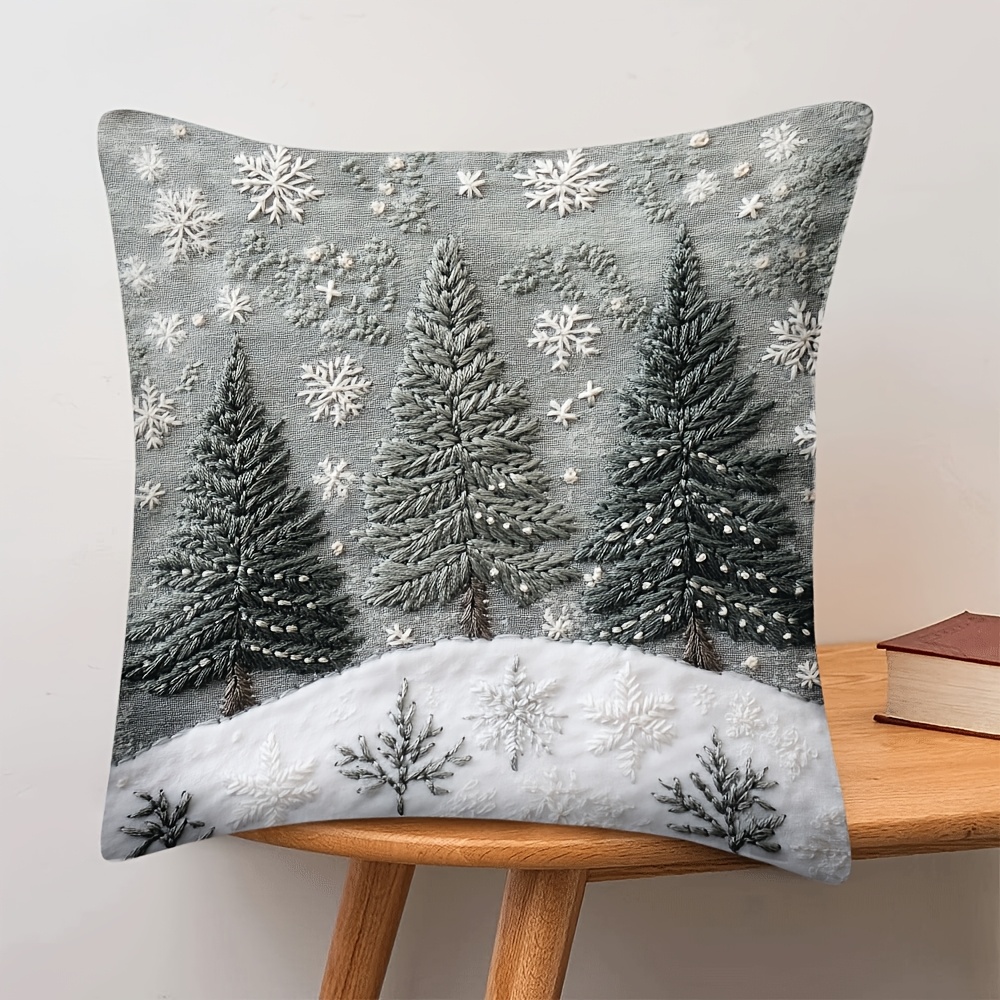 

Cozy Winter Pine Trees Embroidered Plush Pillow Cover - & With Snowflakes, Zip Closure For Living Room, Bedroom, Office Decor - 18x18 Inches