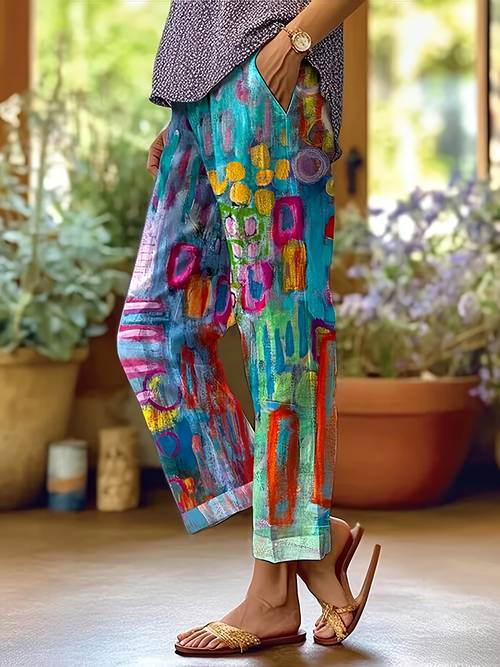 womens vibrant floral print loose fit pants with elastic waist casual summer polyester trousers machine washable colorful comfortable for casual attire