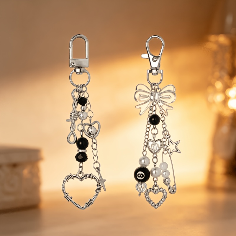 Image of 2 Gothic Y2k Long Tassel Keychain No. 8 Ball Beaded Bow Key Ring Women's Bag Ornament