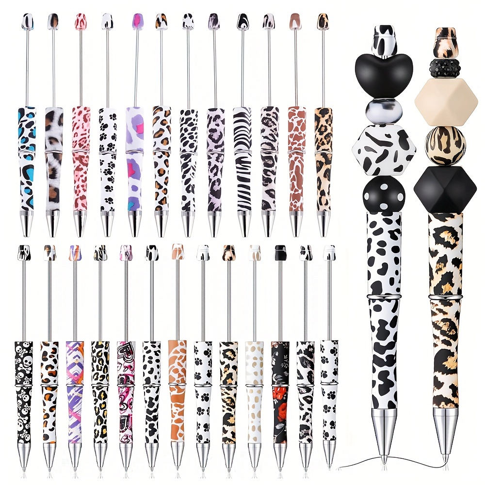 

25pcs Leopard Print Plastic Beadable Pens Bead Ballpoint Pens Diy Pens Leopard Graffiti With For Making Back-to-school Gift Graduation Office Supplies