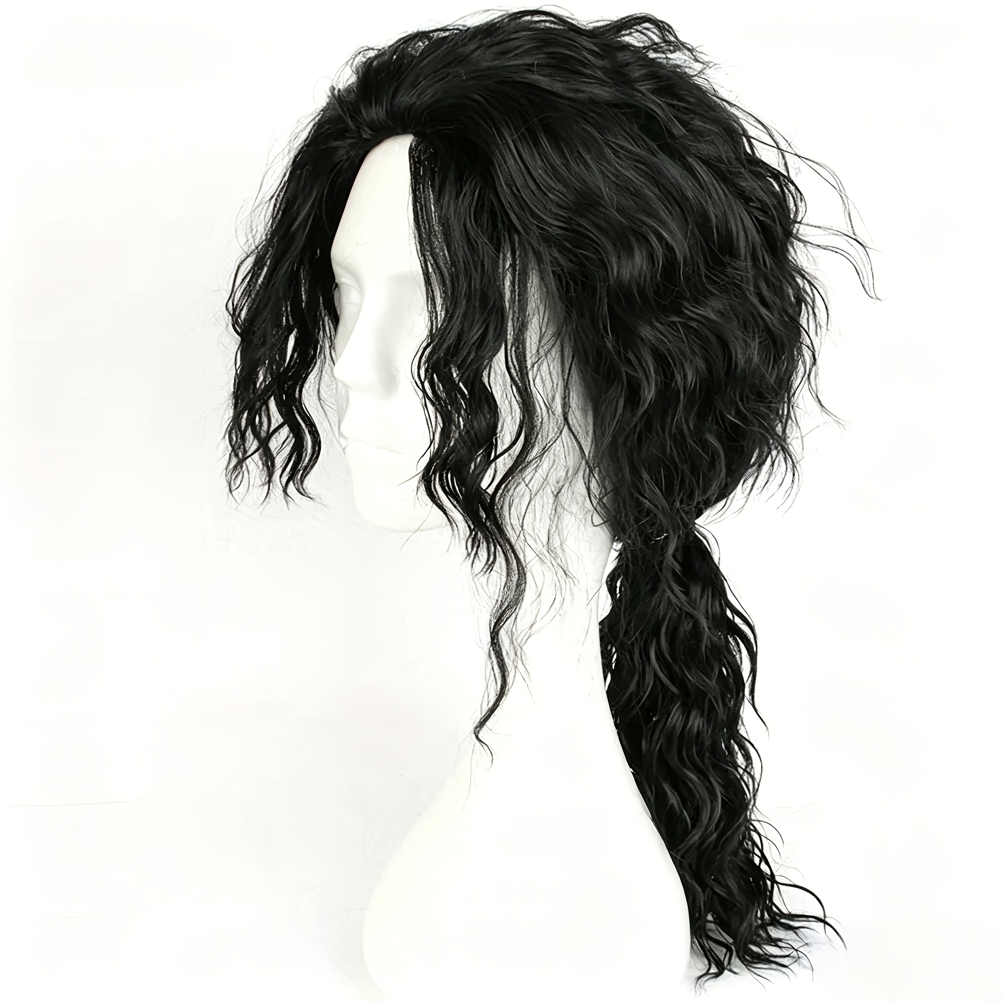 TEMU Stylish Men's Cosplay Wig, 70s-80s Long Rock Wavy Curly Synthetic Wig, 20-inch Wavy Curly Wig, Black Wig, Men's Wig, Cosplay, Holiday Parties,